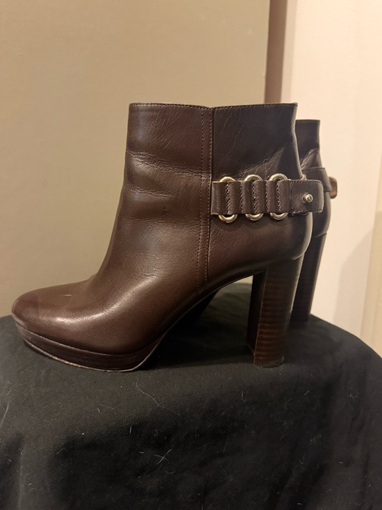 Nine West Shoes - Nine West Dark Brown Leather Platform Ankle Boots with Gold Accent
